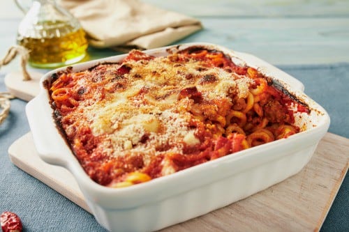 Italian Chicken Sausage Pasta Bake in White Casserole Dish