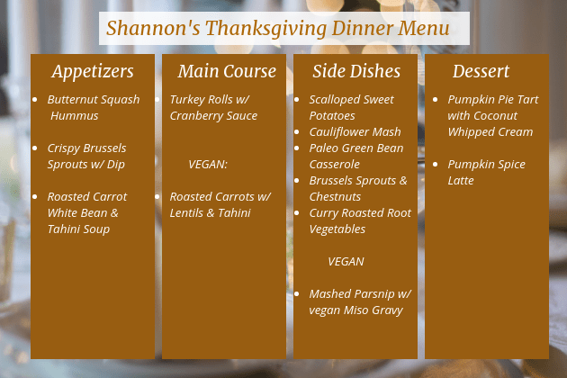 Shannons Thanksgiving Dinner Menu